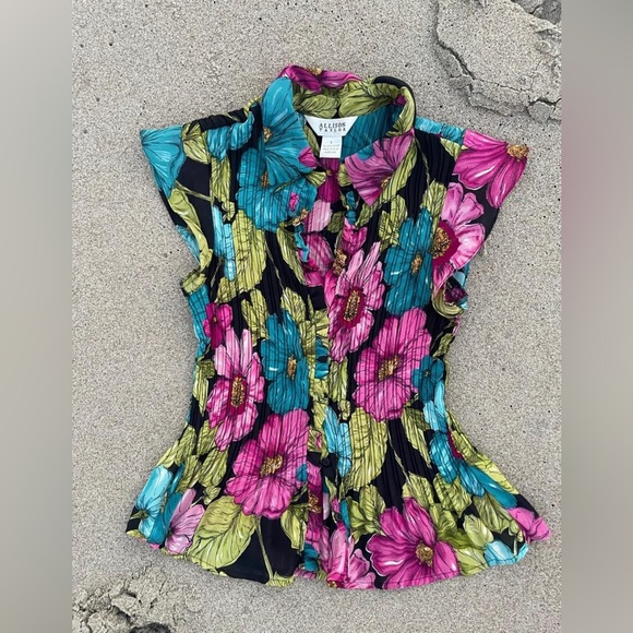 Y2K Allison Taylor floral print blouse with ruffles and pleats - Picture 2 of 4